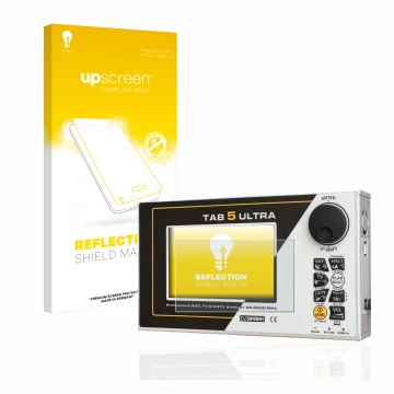 Parte frontal de un envase de producto con el logotipo de la marca upscreen. Al lado se muestra el dispositivo Rover TAB 5 ULT