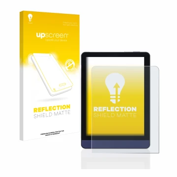 Parte frontal de un envase de producto con el logotipo de la marca upscreen. Al lado se muestra el dispositivo Meebook M6 6