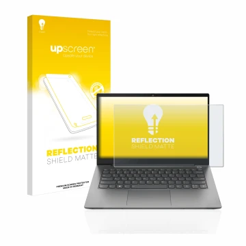 Parte frontal de un envase de producto con el logotipo de la marca upscreen. Al lado se muestra el dispositivo Lenovo ThinkBoo