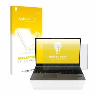 Parte frontal de un envase de producto con el logotipo de la marca upscreen. Al lado se muestra el dispositivo Fujitsu Lifeboo