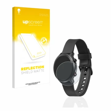 Parte frontal de un envase de producto con el logotipo de la marca upscreen. Al lado se muestra el dispositivo Doro Watch con 
