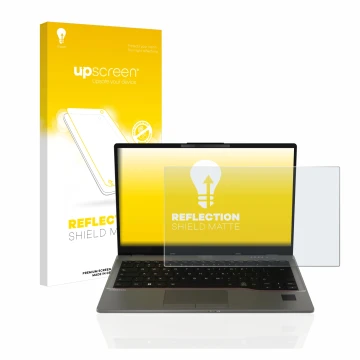 Parte frontal de un envase de producto con el logotipo de la marca upscreen. Al lado se muestra el dispositivo Fujitsu Lifeboo