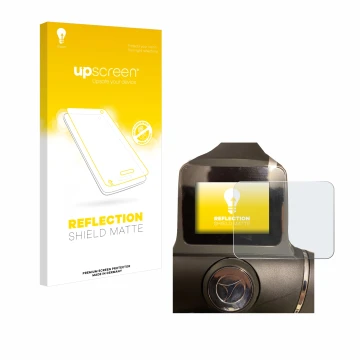 Parte frontal de un envase de producto con el logotipo de la marca upscreen. Al lado se muestra el dispositivo Motocaddy M1 DH