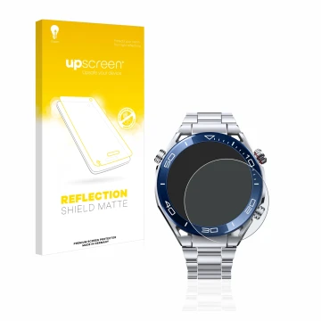 Parte frontal de un envase de producto con el logotipo de la marca upscreen. Al lado se muestra el dispositivo Huawei Watch Ul