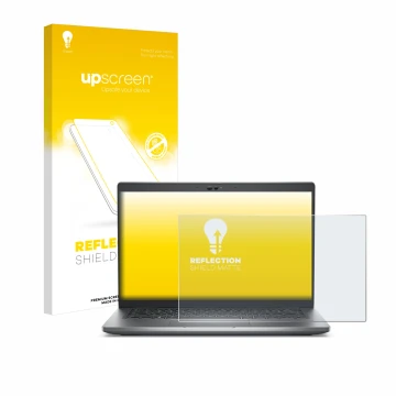 Parte frontal de un envase de producto con el logotipo de la marca upscreen. Al lado se muestra el dispositivo Dell Latitude 5