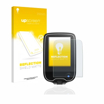 Parte frontal de un envase de producto con el logotipo de la marca upscreen. Al lado se muestra el dispositivo Freestyle Libre