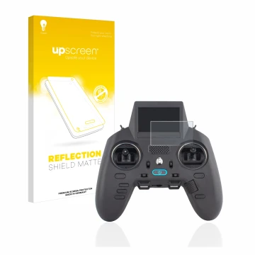 Parte frontal de un envase de producto con el logotipo de la marca upscreen. Al lado se muestra el dispositivo Radiomaster Zor