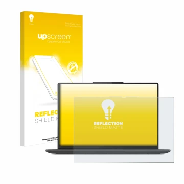 Parte frontal de un envase de producto con el logotipo de la marca upscreen. Al lado se muestra el dispositivo Lenovo Yoga Pro