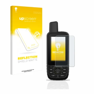 Parte frontal de un envase de producto con el logotipo de la marca upscreen. Al lado se muestra el dispositivo Garmin GPSMAP 6