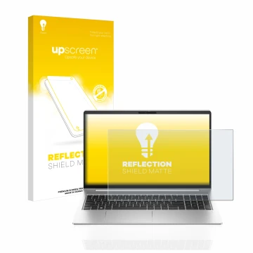 Parte frontal de un envase de producto con el logotipo de la marca upscreen. Al lado se muestra el dispositivo HP ProBook 450 