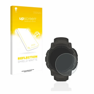 Parte frontal de un envase de producto con el logotipo de la marca upscreen. Al lado se muestra el dispositivo Garmin Instinct