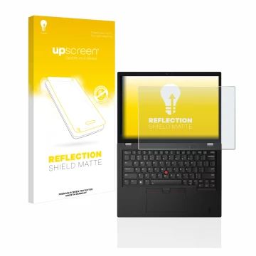 Parte frontal de un envase de producto con el logotipo de la marca upscreen. Al lado se muestra el dispositivo Lenovo Thinkpad