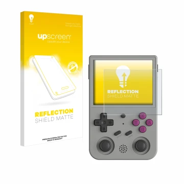 Parte frontal de un envase de producto con el logotipo de la marca upscreen. Al lado se muestra el dispositivo Anbernic RG353V