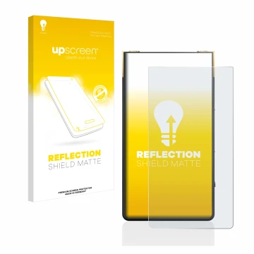 Parte frontal de un envase de producto con el logotipo de la marca upscreen. Al lado se muestra el dispositivo Sony Walkman NW