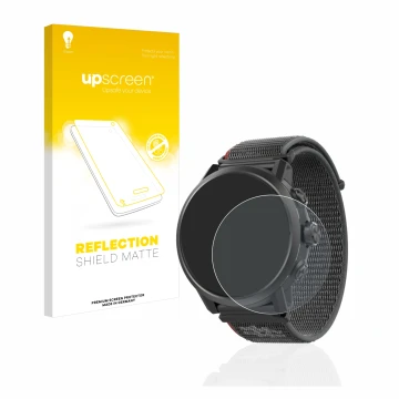 Parte frontal de un envase de producto con el logotipo de la marca upscreen. Al lado se muestra el dispositivo Coros Apex 2 co