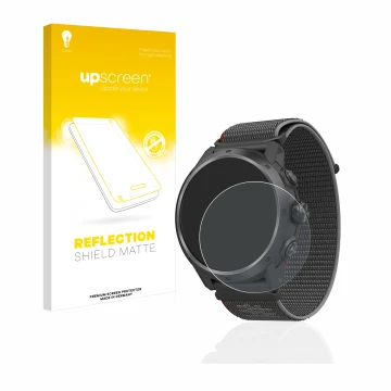 Parte frontal de un envase de producto con el logotipo de la marca upscreen. Al lado se muestra el dispositivo Coros Apex 2 Pr