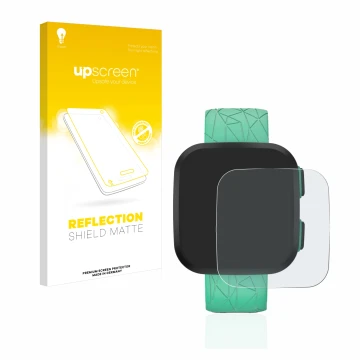 Parte frontal de un envase de producto con el logotipo de la marca upscreen. Al lado se muestra el dispositivo Garmin Bounce c