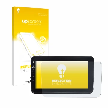 Parte frontal de un envase de producto con el logotipo de la marca upscreen. Al lado se muestra el dispositivo Dynavin D8-V8 8