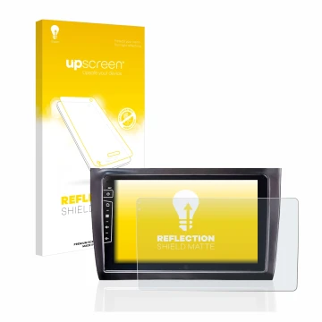 Parte frontal de un envase de producto con el logotipo de la marca upscreen. Al lado se muestra el dispositivo Dynavin D8-DF56