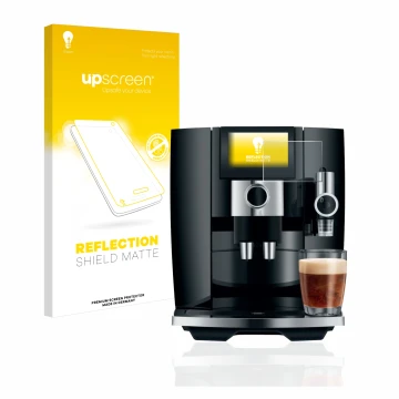 Parte frontal de un envase de producto con el logotipo de la marca upscreen. Al lado se muestra el dispositivo Jura J8 con su 