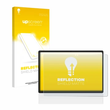 Parte frontal de un envase de producto con el logotipo de la marca upscreen. Al lado se muestra el dispositivo Jumper EZpad M1