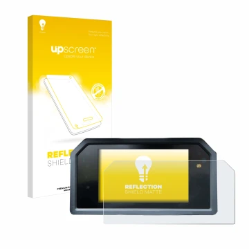 Parte frontal de un envase de producto con el logotipo de la marca upscreen. Al lado se muestra el dispositivo Yamaha Tmax 560