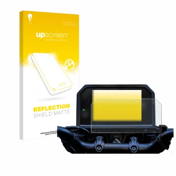 Parte frontal de un envase de producto con el logotipo de la marca upscreen. Al lado se muestra el dispositivo Yamaha Tracer 9