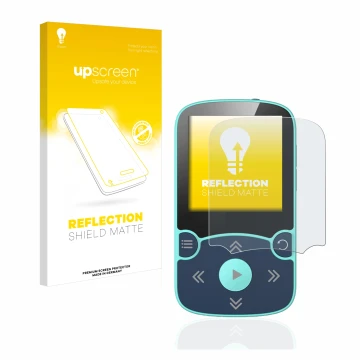 Parte frontal de un envase de producto con el logotipo de la marca upscreen. Al lado se muestra el dispositivo AGPtek A65X MP3