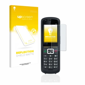 Parte frontal de un envase de producto con el logotipo de la marca upscreen. Al lado se muestra el dispositivo Gigaset R700H P