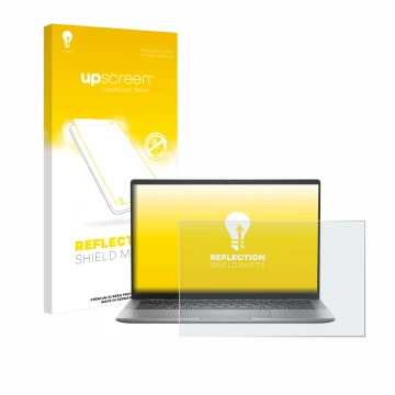 Parte frontal de un envase de producto con el logotipo de la marca upscreen. Al lado se muestra el dispositivo Dell Latitude 7