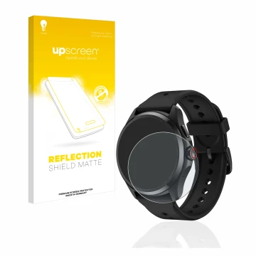 Parte frontal de un envase de producto con el logotipo de la marca upscreen. Al lado se muestra el dispositivo Mobvoi TicWatch
