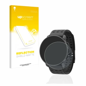 Parte frontal de un envase de producto con el logotipo de la marca upscreen. Al lado se muestra el dispositivo Suunto 9 Peak P