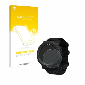 Parte frontal de un envase de producto con el logotipo de la marca upscreen. Al lado se muestra el dispositivo Suunto Core Alp