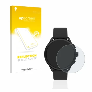 Parte frontal de un envase de producto con el logotipo de la marca upscreen. Al lado se muestra el dispositivo Fossil Smartwat