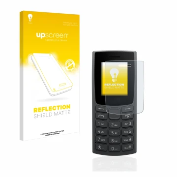 Parte frontal de un envase de producto con el logotipo de la marca upscreen. Al lado se muestra el dispositivo Nokia 110 (2023