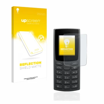 Parte frontal de un envase de producto con el logotipo de la marca upscreen. Al lado se muestra el dispositivo Nokia 105 (2023