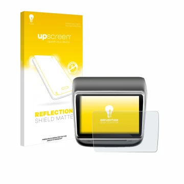 Parte frontal de un envase de producto con el logotipo de la marca upscreen. Al lado se muestra el dispositivo Tesla Model Y I