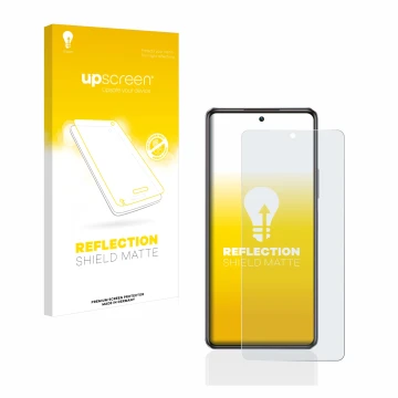 Parte frontal de un envase de producto con el logotipo de la marca upscreen. Al lado se muestra el dispositivo Infinix Note 30