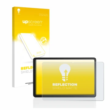 Parte frontal de un envase de producto con el logotipo de la marca upscreen. Al lado se muestra el dispositivo Amazon Fire Max