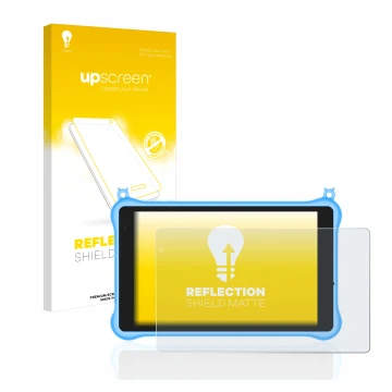 Parte frontal de un envase de producto con el logotipo de la marca upscreen. Al lado se muestra el dispositivo Blackview Tab 5