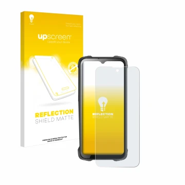 Parte frontal de un envase de producto con el logotipo de la marca upscreen. Al lado se muestra el dispositivo Cubot King Kong