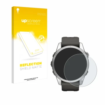 Parte frontal de un envase de producto con el logotipo de la marca upscreen. Al lado se muestra el dispositivo Garmin Fenix 7S
