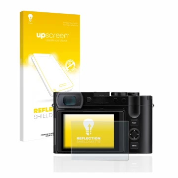 Parte frontal de un envase de producto con el logotipo de la marca upscreen. Al lado se muestra el dispositivo Leica Q3 con su