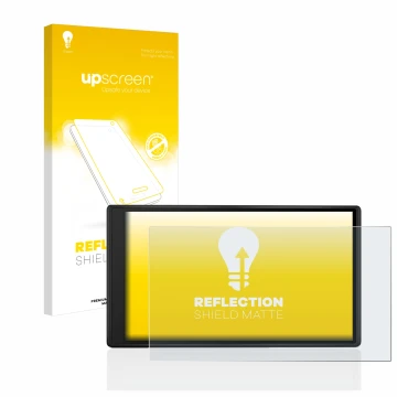 Parte frontal de un envase de producto con el logotipo de la marca upscreen. Al lado se muestra el dispositivo Garmin Drive 55