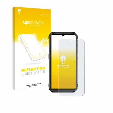 Parte frontal de un envase de producto con el logotipo de la marca upscreen. Al lado se muestra el dispositivo Ulefone Power A
