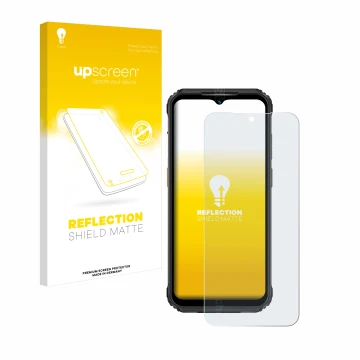 Parte frontal de un envase de producto con el logotipo de la marca upscreen. Al lado se muestra el dispositivo Ulefone Armor 2