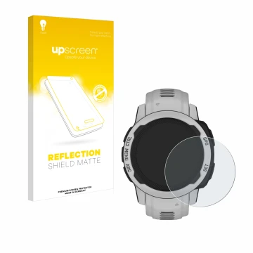 Parte frontal de un envase de producto con el logotipo de la marca upscreen. Al lado se muestra el dispositivo Garmin Instinct