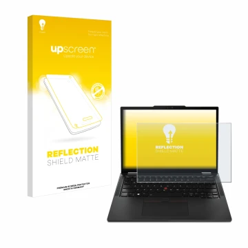 Parte frontal de un envase de producto con el logotipo de la marca upscreen. Al lado se muestra el dispositivo Lenovo ThinkPad