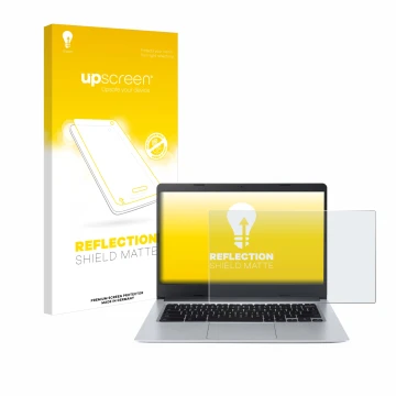 Parte frontal de un envase de producto con el logotipo de la marca upscreen. Al lado se muestra el dispositivo Acer Chromebook