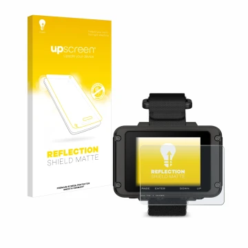 Parte frontal de un envase de producto con el logotipo de la marca upscreen. Al lado se muestra el dispositivo Garmin Foretrex